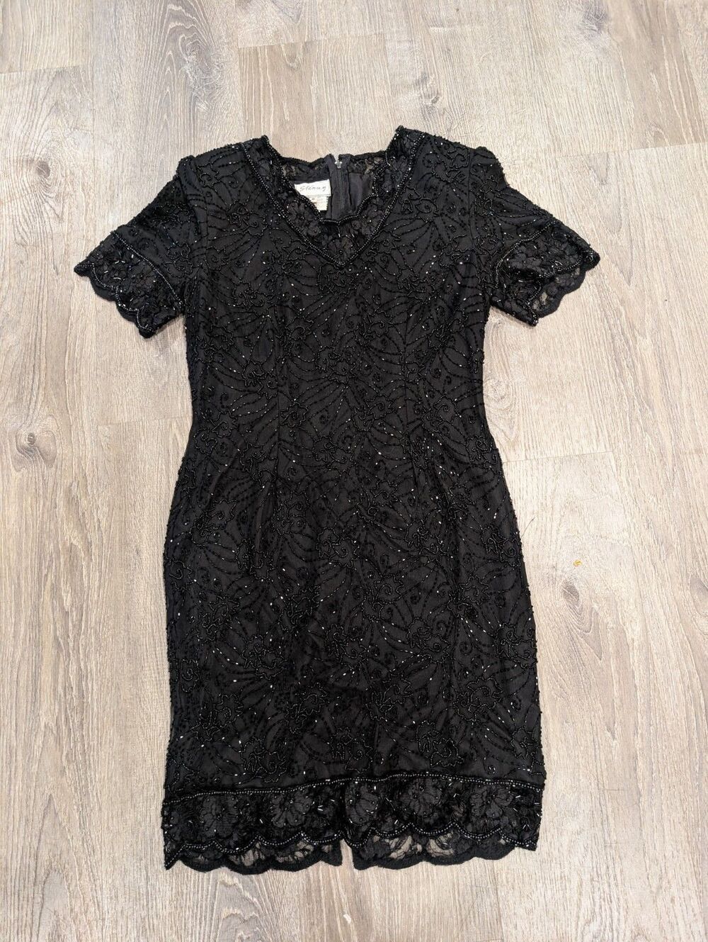 Vintage Stenay Black Silk Beaded Cocktail Dress 8 80s 90s Whimsigoth Formal Prom